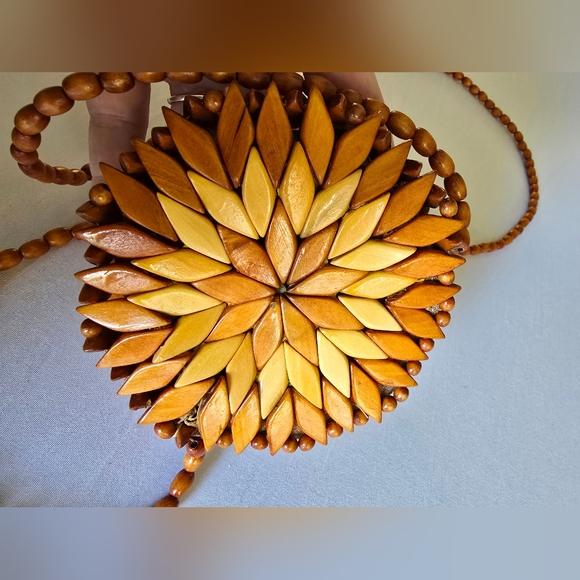 Mini 5" Wooden Patchwork Clutch Purse Beaded Pieced Wood Boho Wood Micro - Picture 4 of 12